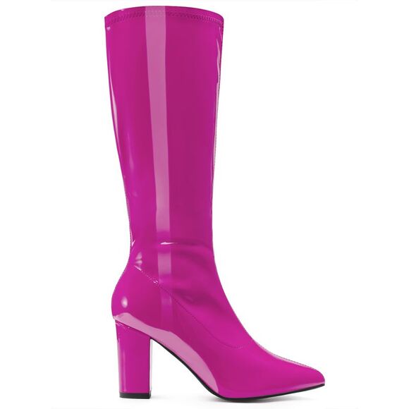GoGo Boot Patent Leather Chunky Heels Hot Pink Knee High Boots - Picture 3 of 6